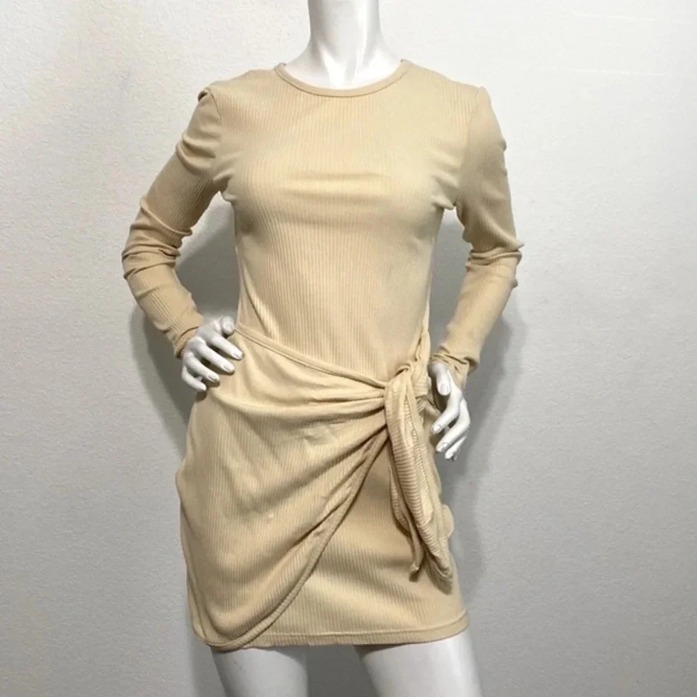 Superdown Nude Color Long Sleeve Rib Knit Draped Dana Wrap Mini Dress Size M - Picture 2 of 8